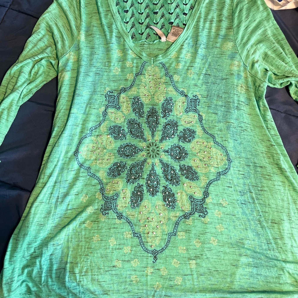 Bling bling Green Patterned Women's Top rhinestones blue and green